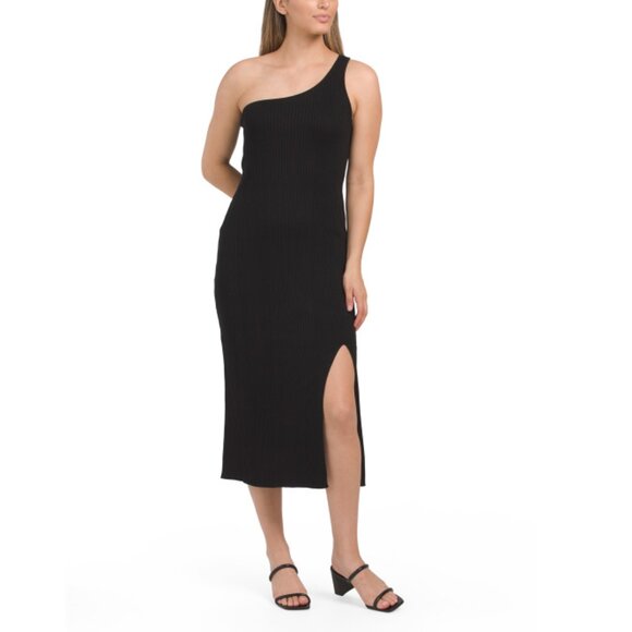 HUNTER & BROWN Black One Shoulder Knit Midi Dress - Picture 1 of 2